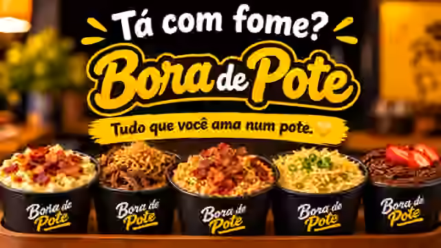 Tá com fome? Bora de Pote — cinco potinhos pretos, marca amarela e branca, sem patinha